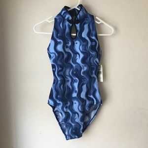 [Sears] Blue 1pc Swimsuit w/ Qipao / Cheongsam Collar | L (GIRLS) | NWT
